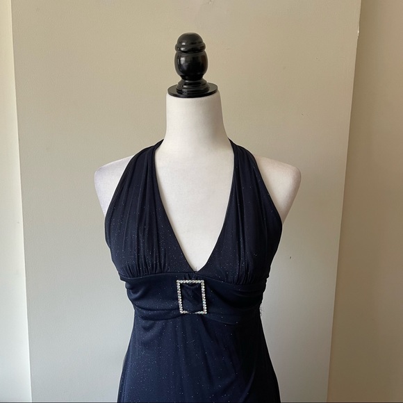 Vintage Y2K glitter blue stretchy halter top gown prom dress buckle - Picture 4 of 11